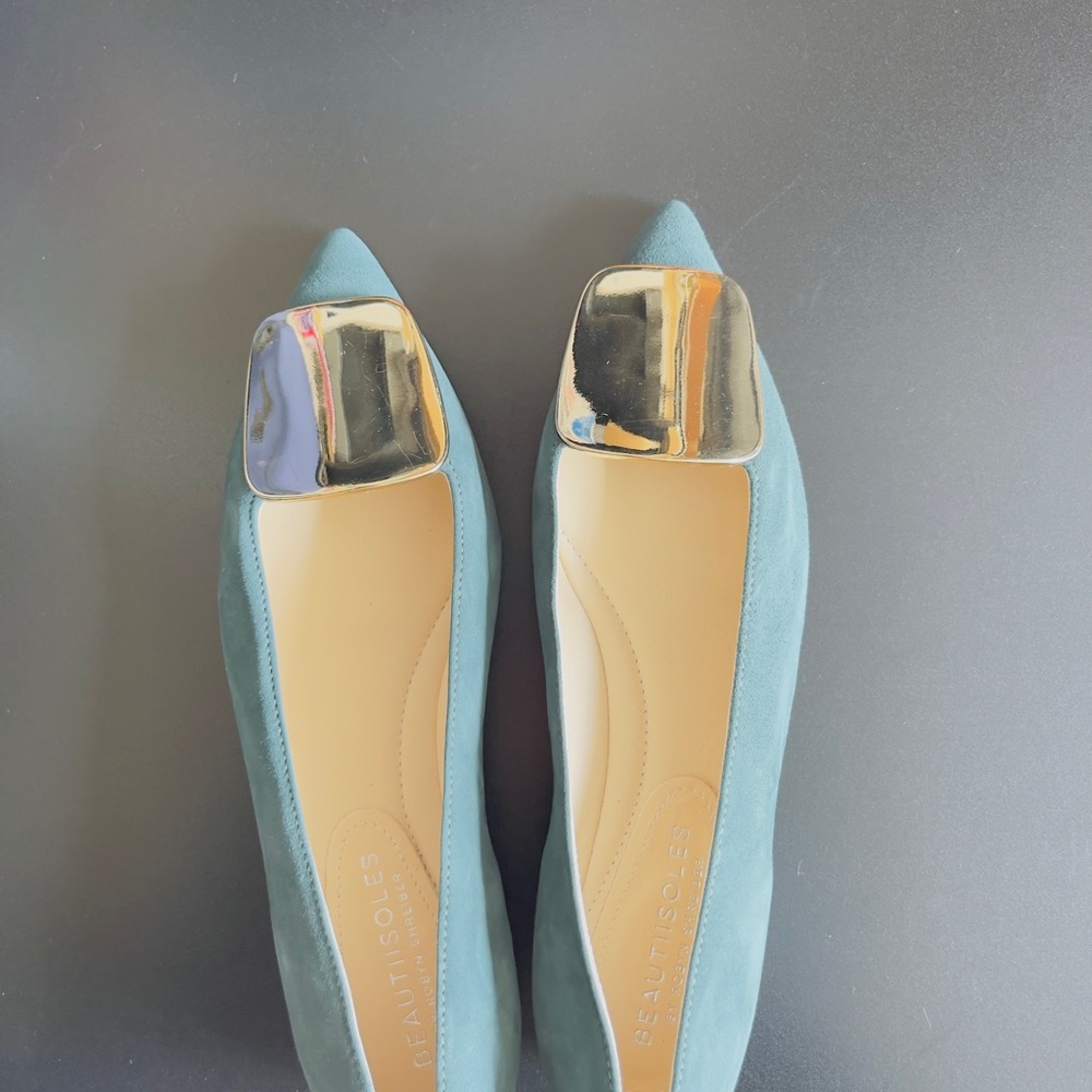 Pointed Teal Suede Ballet Flats with Gold Accent